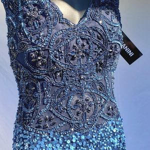 Long Blue beaded sleeveless formal dress
